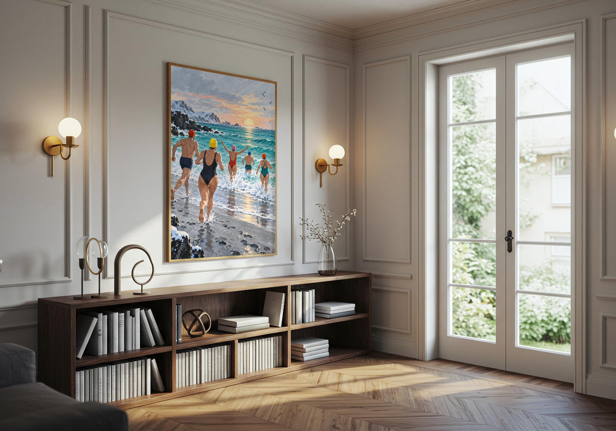 The wild swimming wall art is styled above furniture in a bright contemporary room.