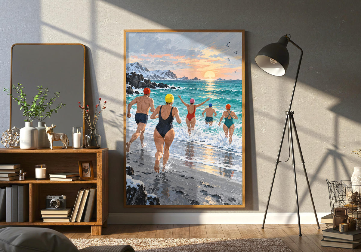 Close lifestyle view of the cold water swimming print in a contrasting frame.