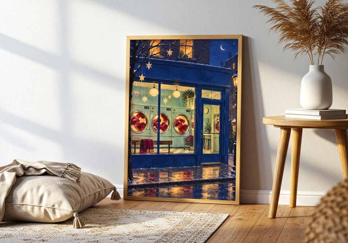 Christmas Eve Laundrette adds cobalt, mint, cranberry and warm yellow tones to a contemporary living room, with the artwork shown without cropping.