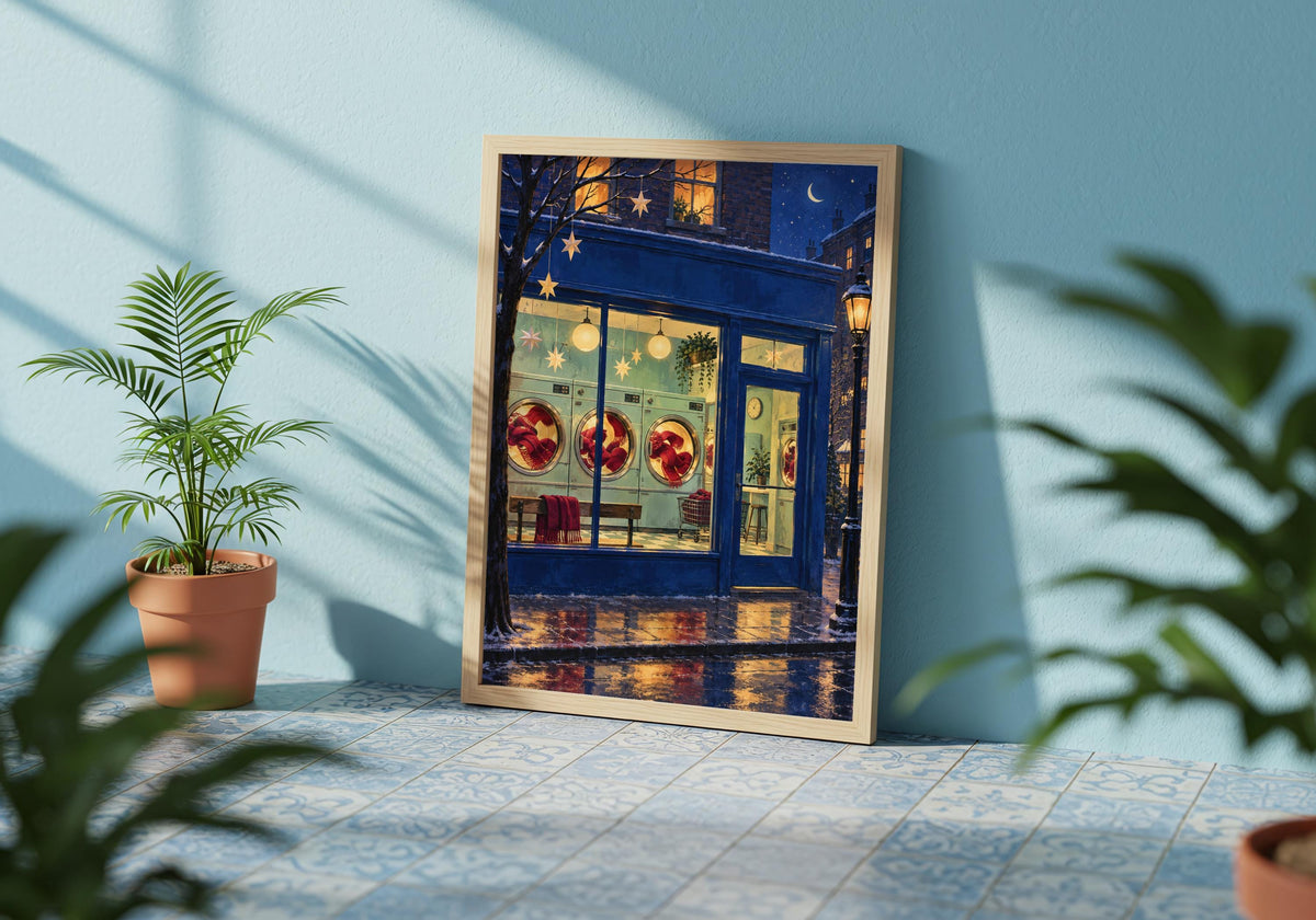 Christmas Eve Laundrette, displayed in a room beside an armchair, depicts a glowing neighbourhood laundrette with cranberry scarves tumbling after dark.