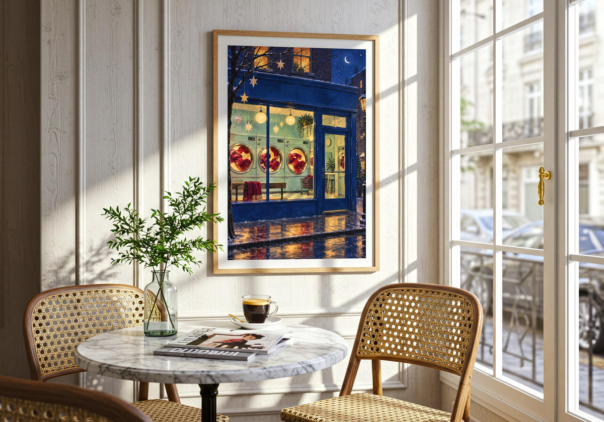Christmas Eve Laundrette brings its cobalt, mint, cranberry and warm yellow palette into a styled room with a slim console beneath the print; the portrait design remains fully visible.