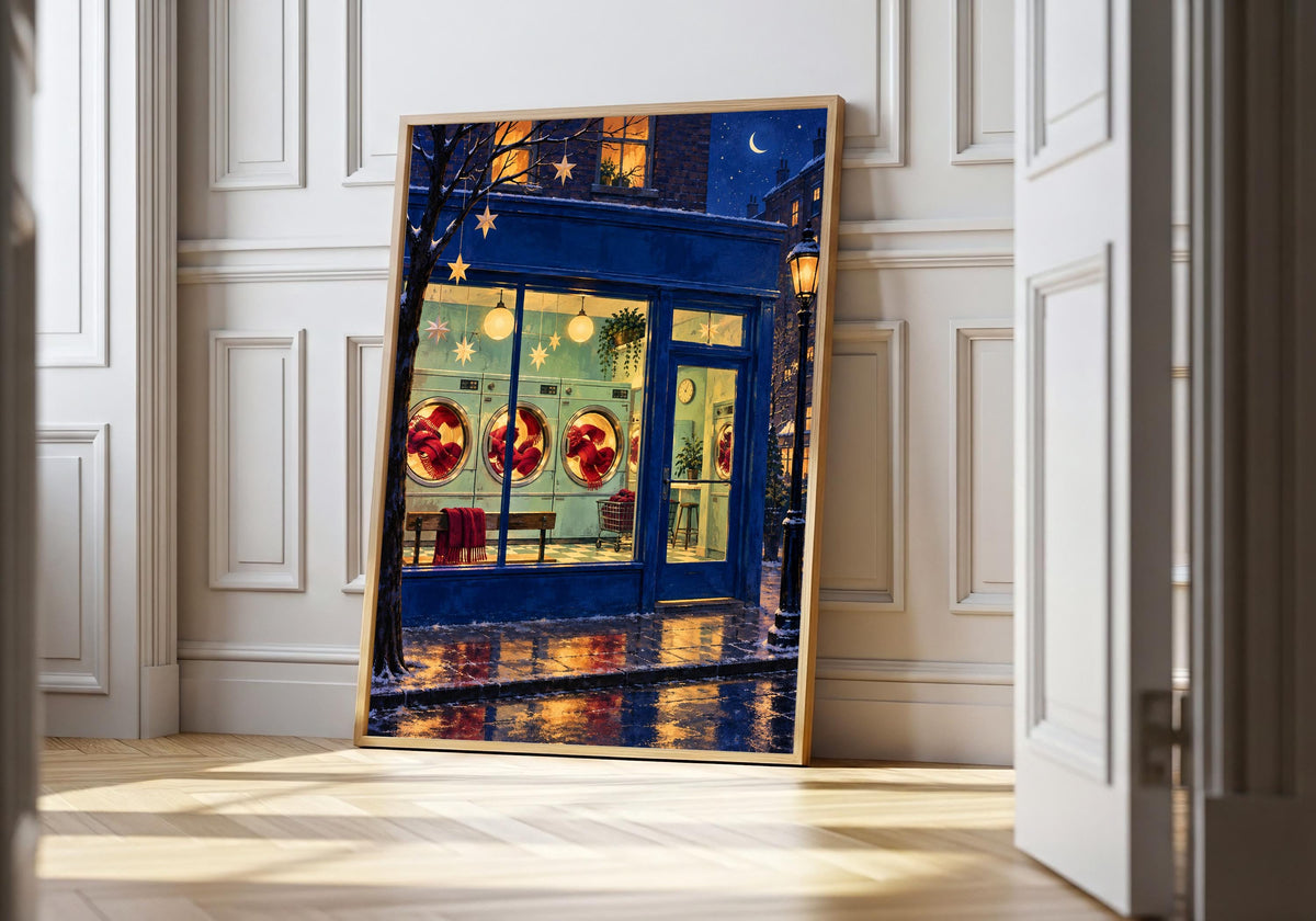 Christmas Eve Laundrette shows its full cobalt, mint, cranberry and warm yellow colour range while displayed in a light natural-wood frame.