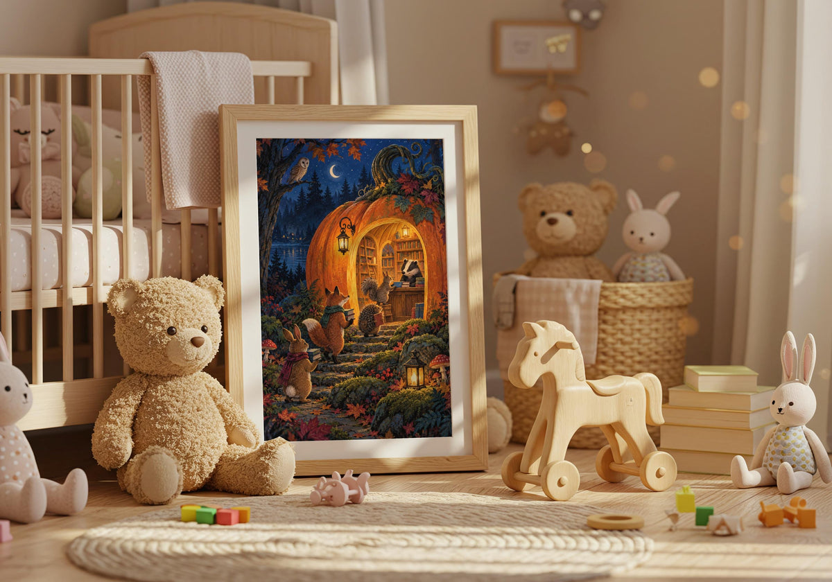 Pumpkin Library Returns I brings its midnight blue, pumpkin orange, moss and raspberry palette into a softly styled nursery; the portrait design remains fully visible.