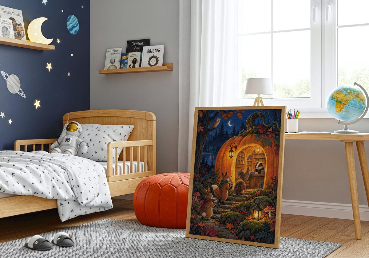 Pumpkin Library Returns I is photographed at room scale in a space-themed child's bedroom, with the complete composition visible.