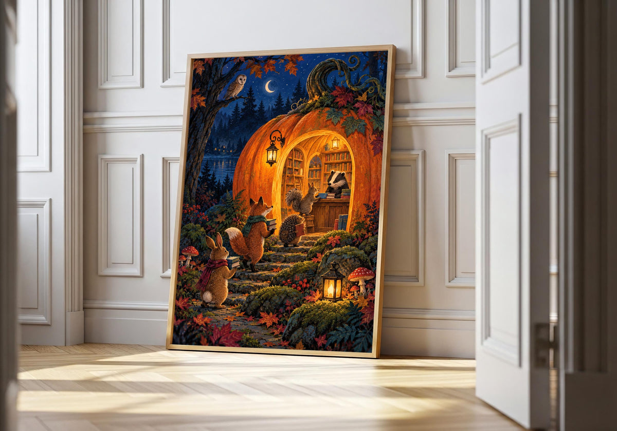 Pumpkin Library Returns I, displayed in a light natural-wood frame, depicts woodland animals returning books to a glowing pumpkin library.