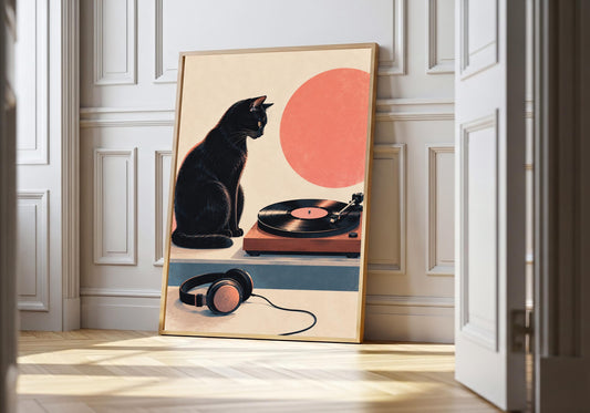 Black cat vinyl print in the hero mock-up, with headphones, turntable and coral disc in a light wood frame.