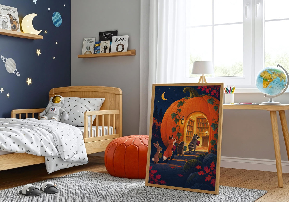 Four woodland friends climbing towards a giant pumpkin library anchors Pumpkin Library Returns II in this view from a space-themed child's bedroom.