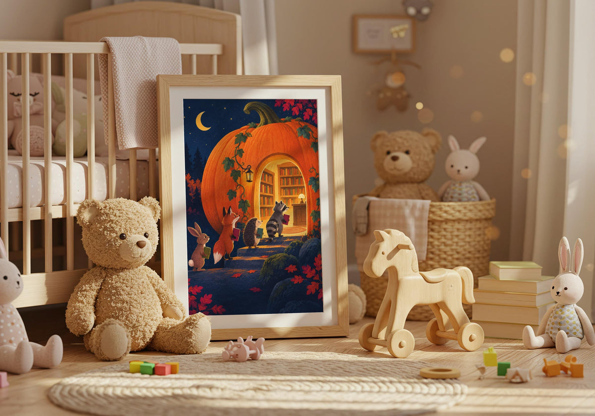 Four woodland friends climbing towards a giant pumpkin library remains easy to see while Pumpkin Library Returns II hangs in a softly styled nursery.