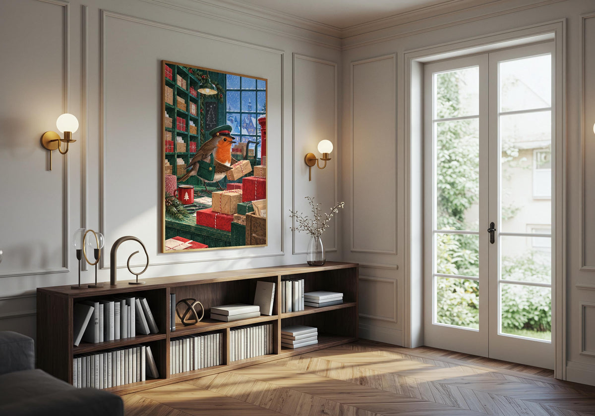 Robin Runs the Post Room is seen from a different angle in a leafy living room, retaining clear portrait proportions.