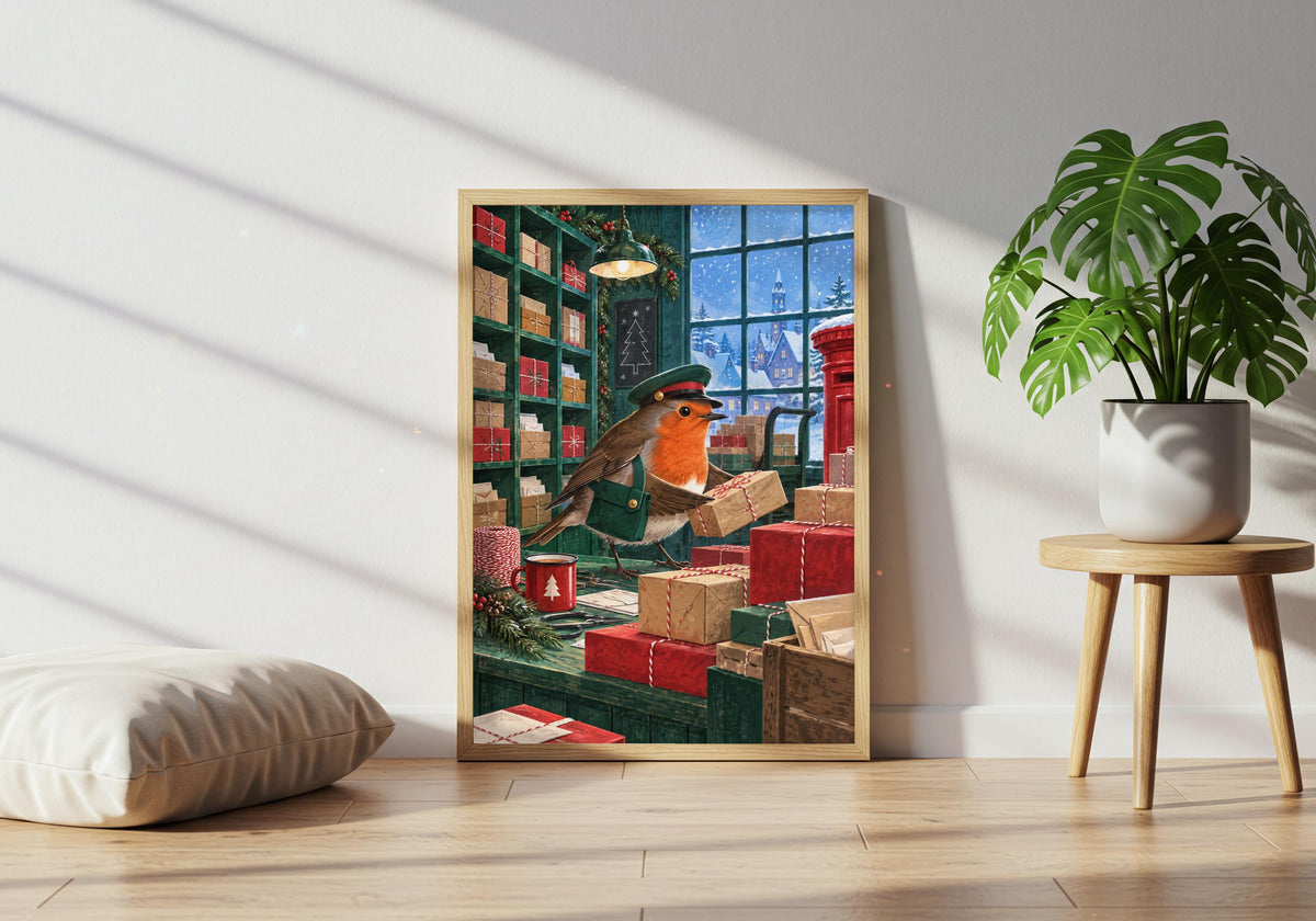 A red-breasted robin sorting parcels in a busy winter post room fills the framed Robin Runs the Post Room, shown here in a lounge filled with green houseplants.
