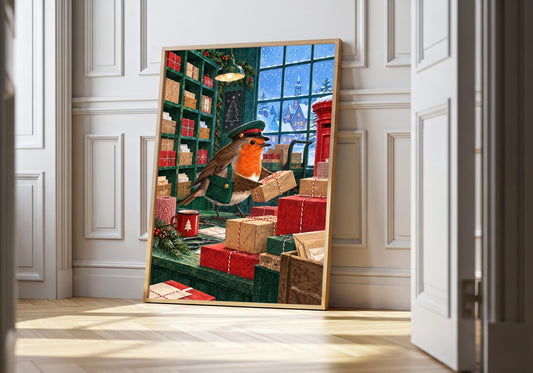 Robin Runs the Post Room brings its postbox red, pine green, sky blue and kraft brown palette into a light natural-wood frame; the portrait design remains fully visible.