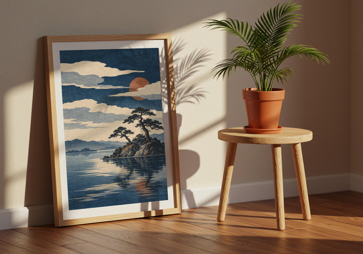 Window-room styling lets daylight fall beside the cloud-striped landscape poster.