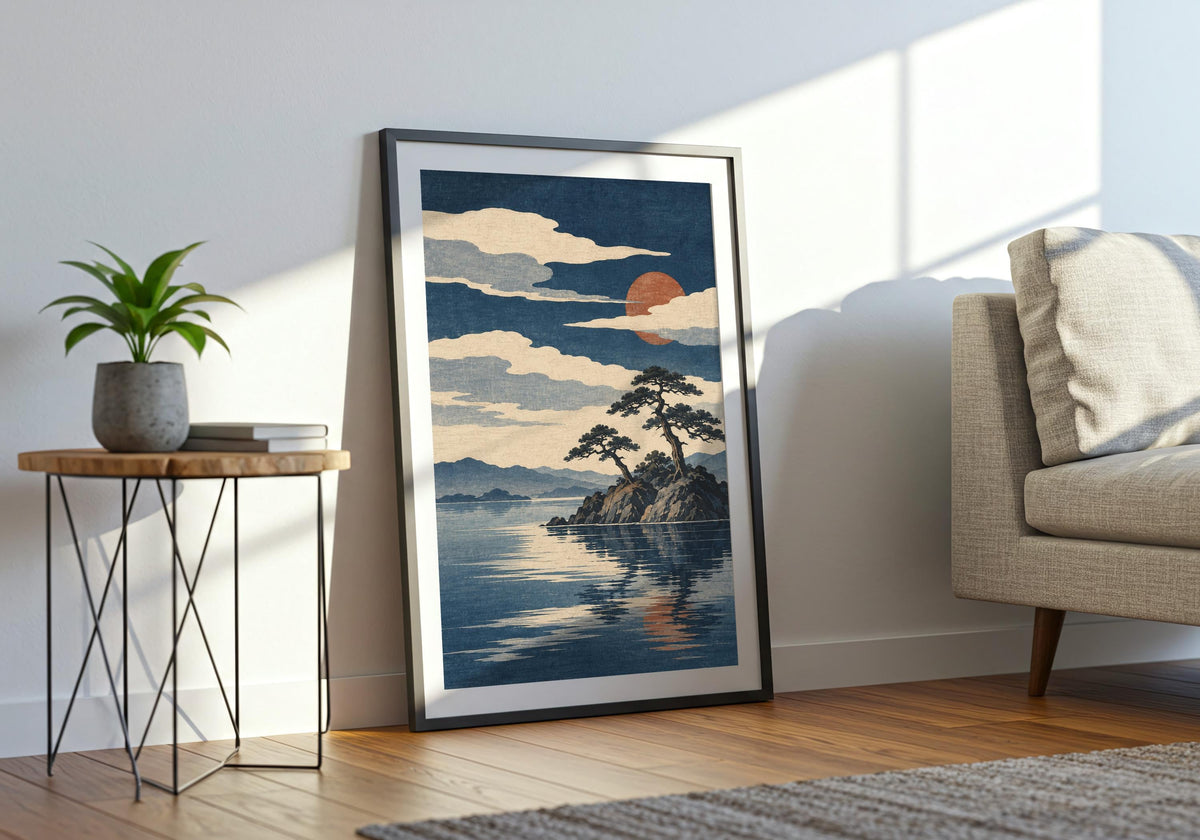Wide living-room mock-up features the portrait indigo landscape as the main wall accent.