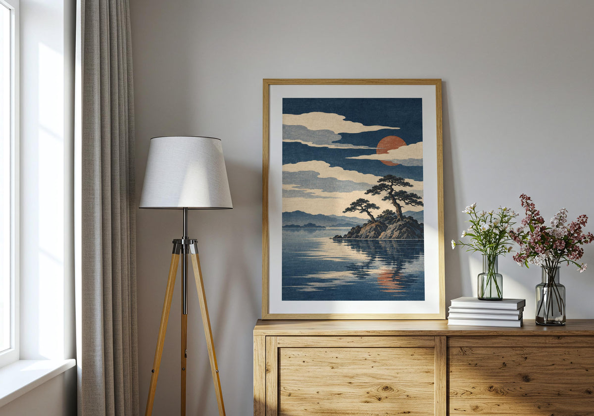 The pine-island artwork is shown on a console wall with the dark blue sky clearly visible.