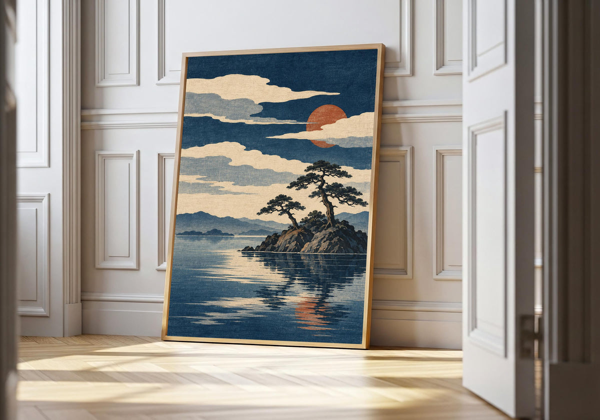 Indigo lake landscape print beneath pale clouds and a rust-red sun, displayed in a light wood hero frame.
