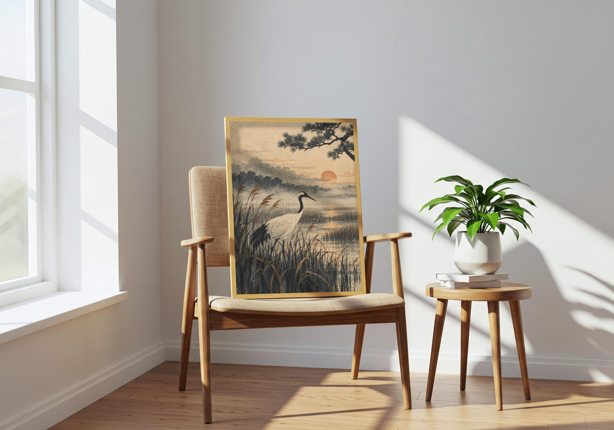 The white crane and reed landscape add a natural focal point above this chair.