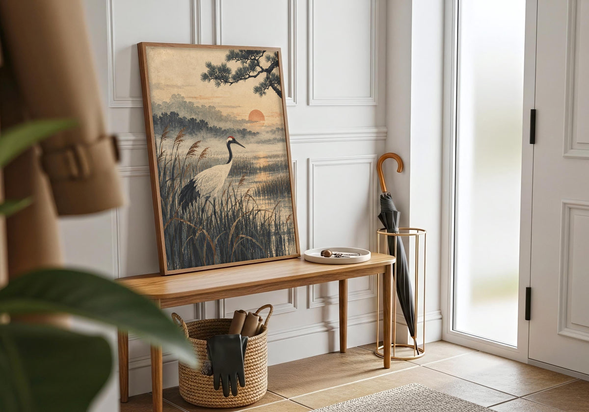 Wide room view shows the portrait crane print as a calm statement piece.