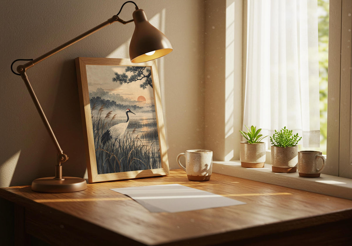 Record-corner mock-up displays the crane print beside a low music console.