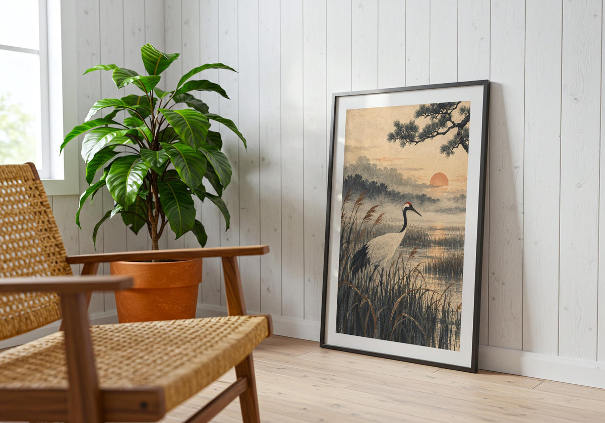 Japanese-inspired crane artwork hangs in a reading corner with its misty water scene visible.