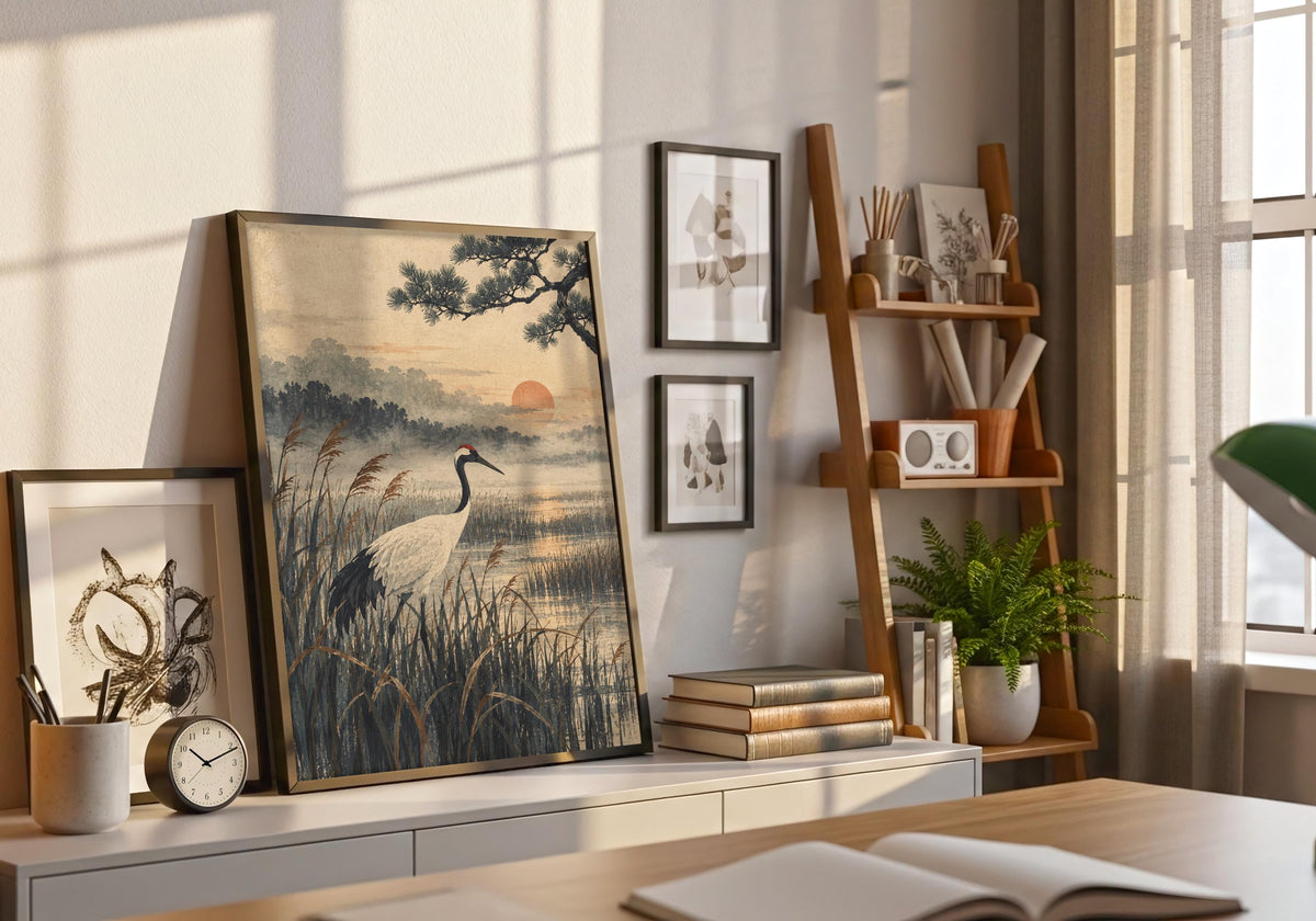 Natural-wood frame sets off the pale crane against the misty reed beds.