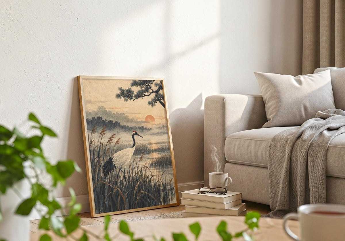 White frame and warm interior details surround the red-sun bird print.