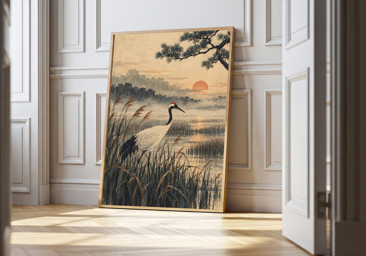 Red-crowned crane among reeds beneath a rust sun, presented in the light-wood hero frame.