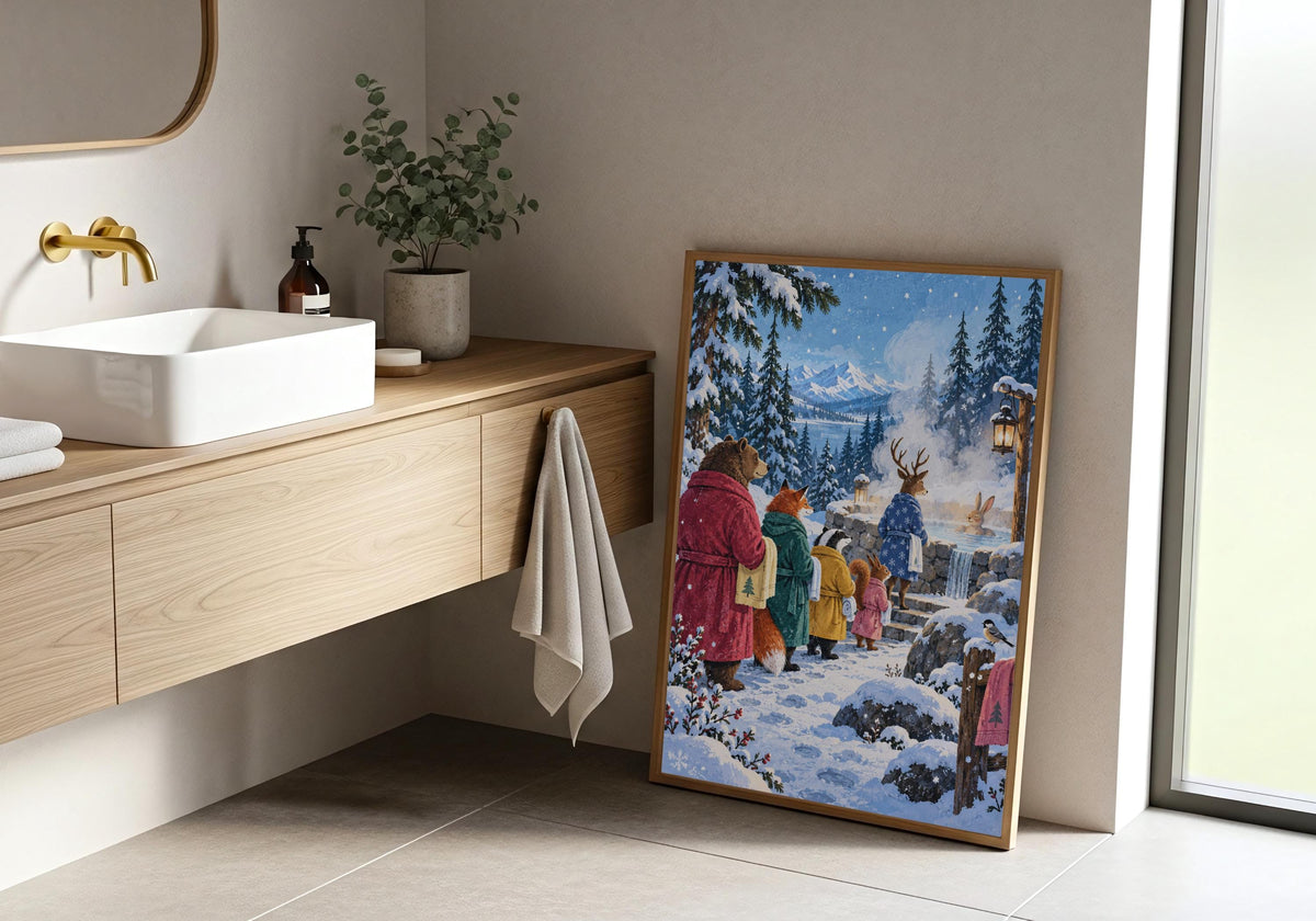 Robe-wearing woodland animals queueing for a steaming outdoor bath anchors Snow Day Bath Queue in this view from a light-wood frame above a vanity.