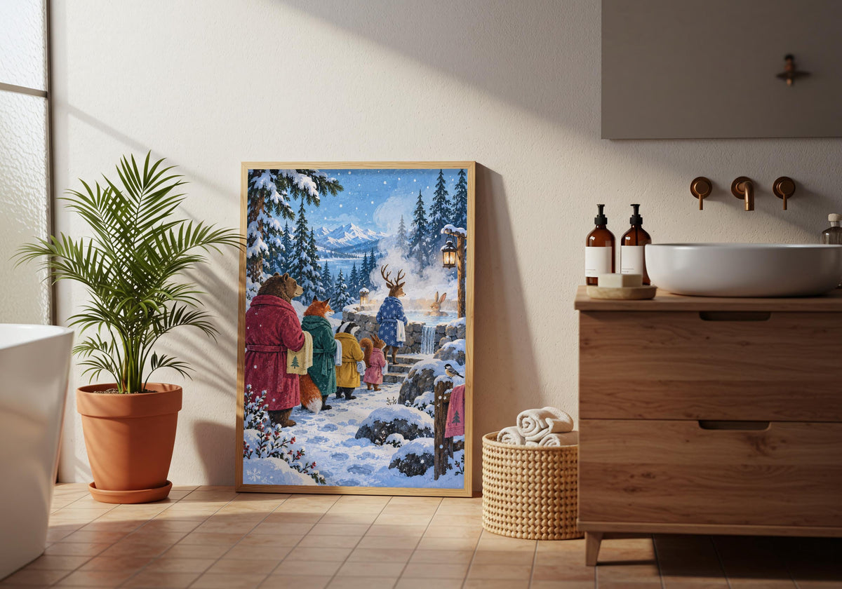 Snow Day Bath Queue shows its full ice blue, raspberry, pine and butter yellow colour range while displayed in a wider bathroom view above a light-wood vanity.