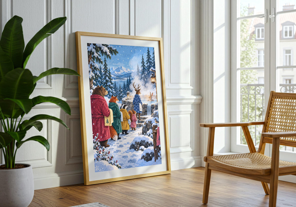 Robe-wearing woodland animals queueing for a steaming outdoor bath fills the framed Snow Day Bath Queue, shown here in a living space with green houseplants.