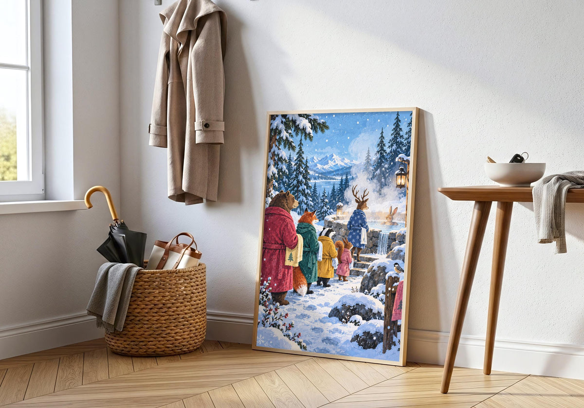 Robe-wearing woodland animals queueing for a steaming outdoor bath forms the centre of Snow Day Bath Queue as it appears in a bathroom above a vanity.