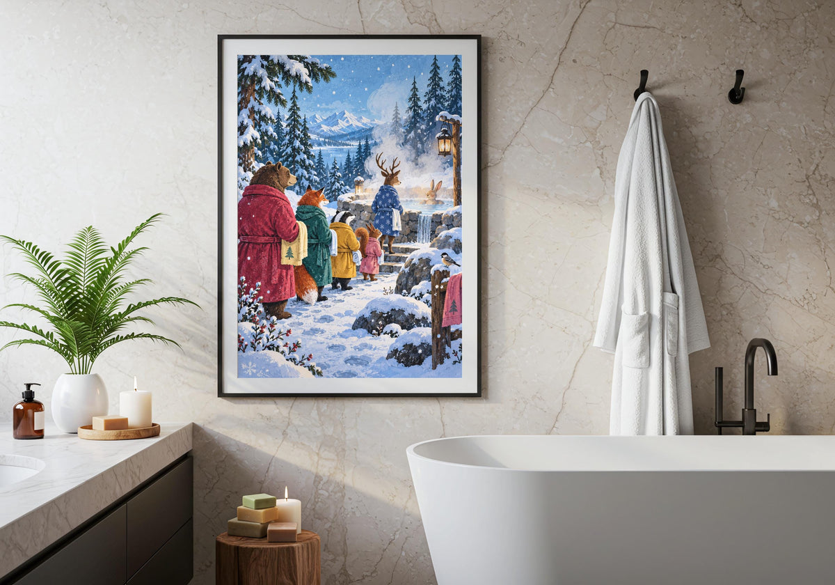Snow Day Bath Queue is photographed at room scale in a black frame above a bath, with the complete composition visible.