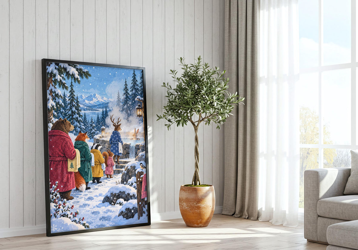 Robe-wearing woodland animals queueing for a steaming outdoor bath can be viewed clearly in this photograph of Snow Day Bath Queue in a bright room beside a window.