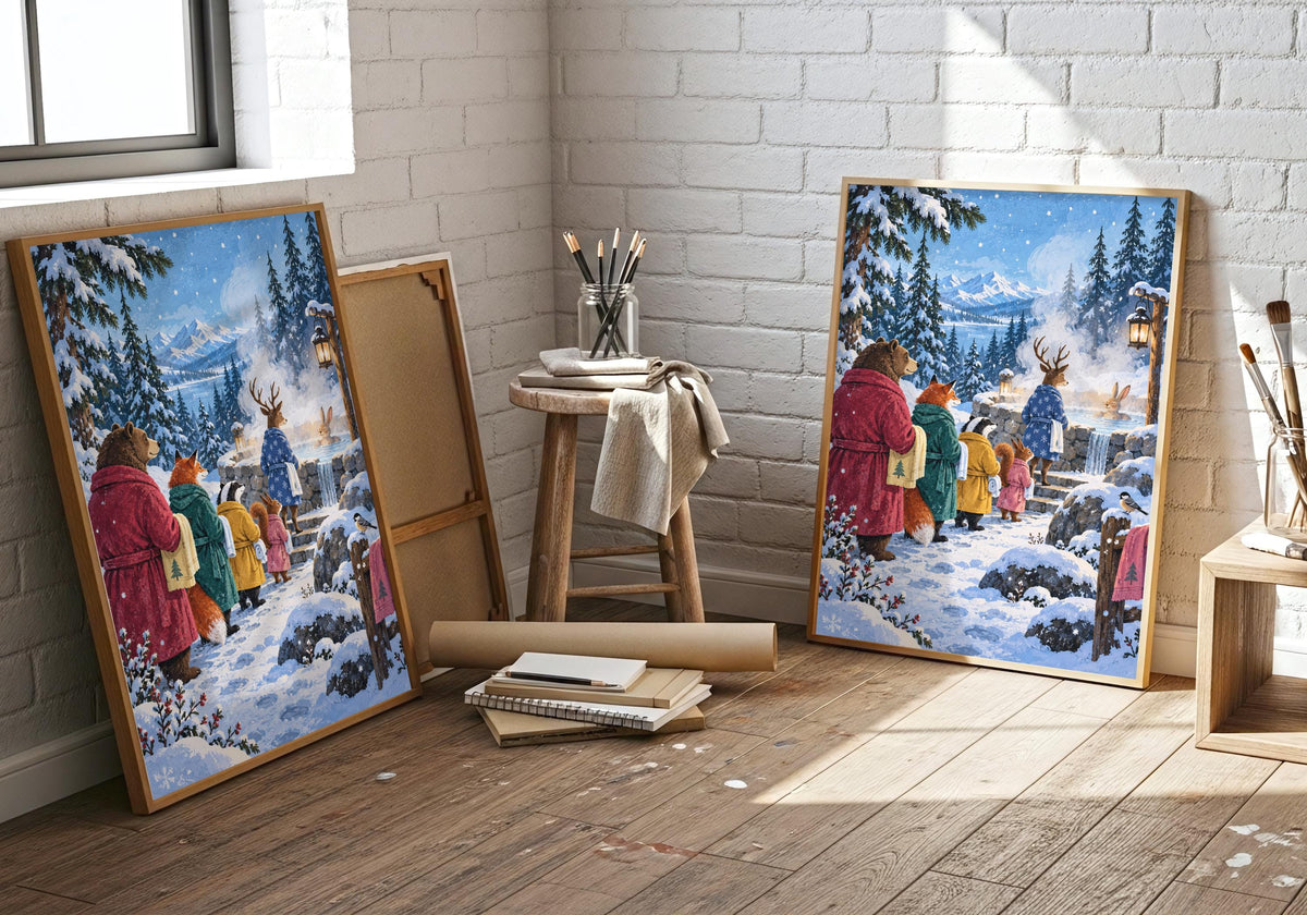 Snow Day Bath Queue, displayed in a bathroom focal wall, depicts robe-wearing woodland animals queueing for a steaming outdoor bath.