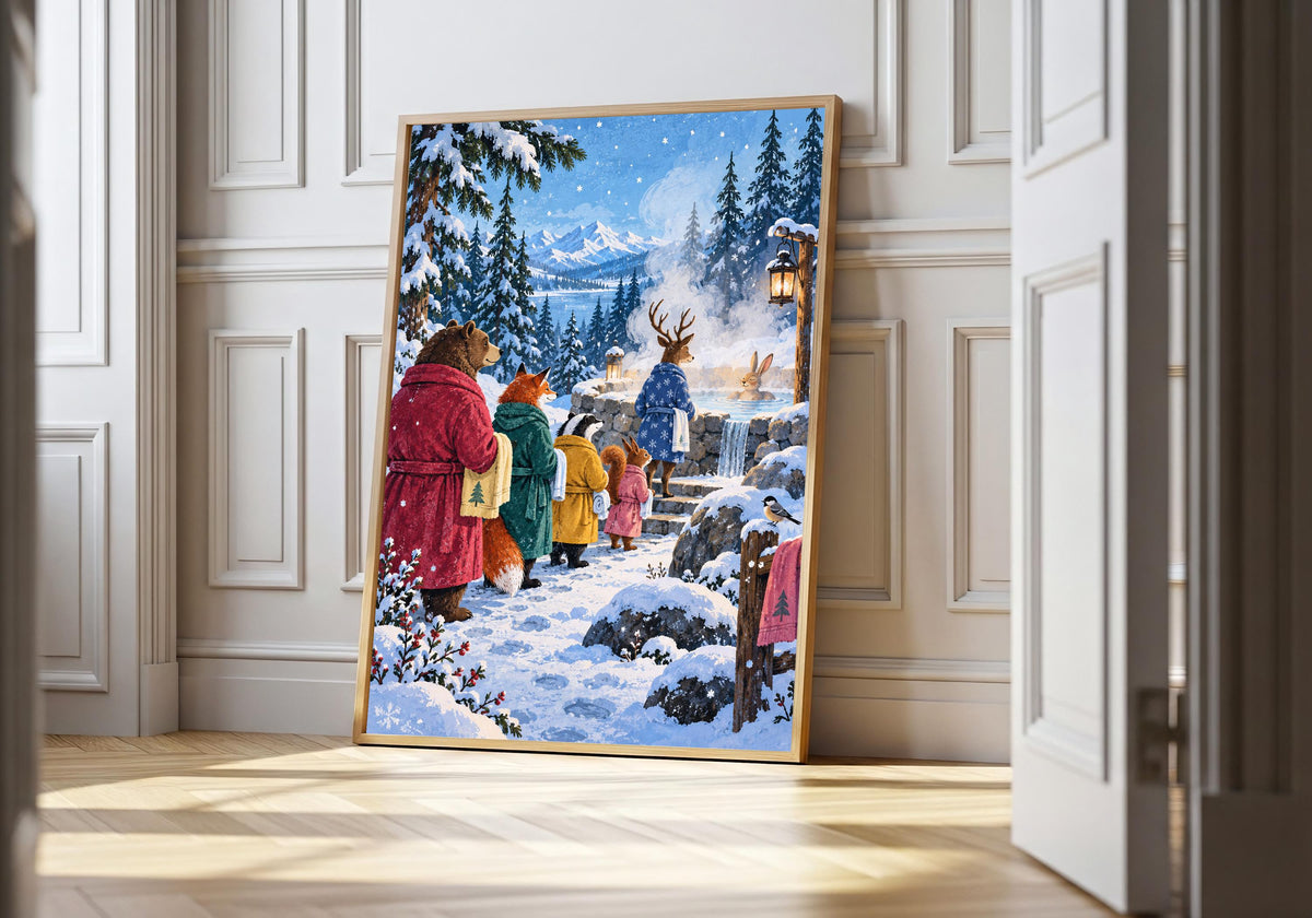 Robe-wearing woodland animals queueing for a steaming outdoor bath remains easy to see while Snow Day Bath Queue hangs in a light natural-wood frame.
