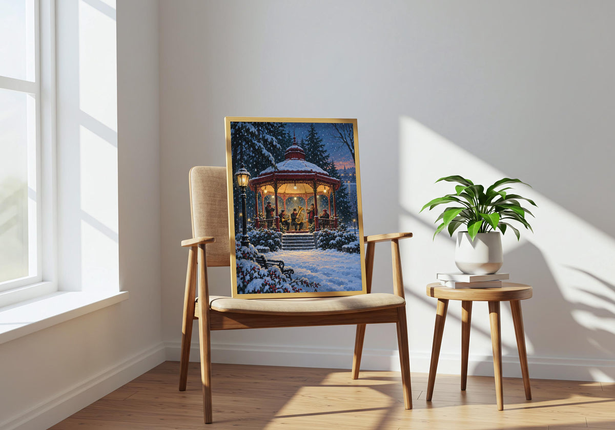 Winter Brass Band Kiosk is seen from a different angle in a room beside an accent chair, retaining clear portrait proportions.