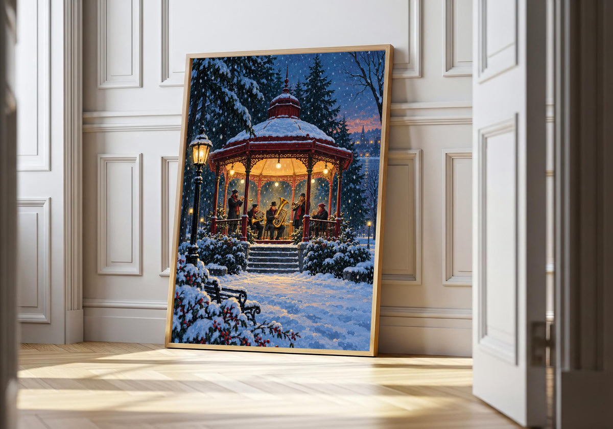A brass band performing inside a glowing snowy park kiosk anchors Winter Brass Band Kiosk in this view from a light natural-wood frame.
