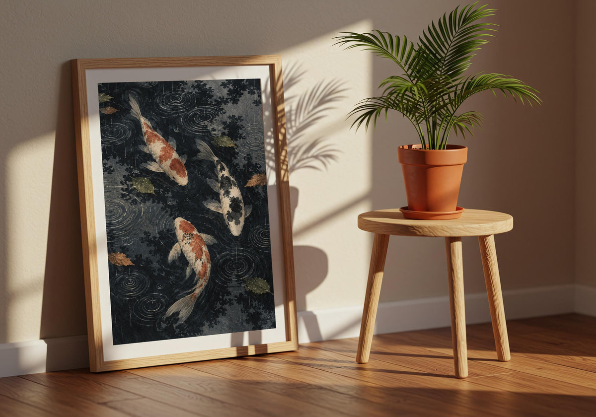Window-side styling gives the koi artwork a light-filled setting.