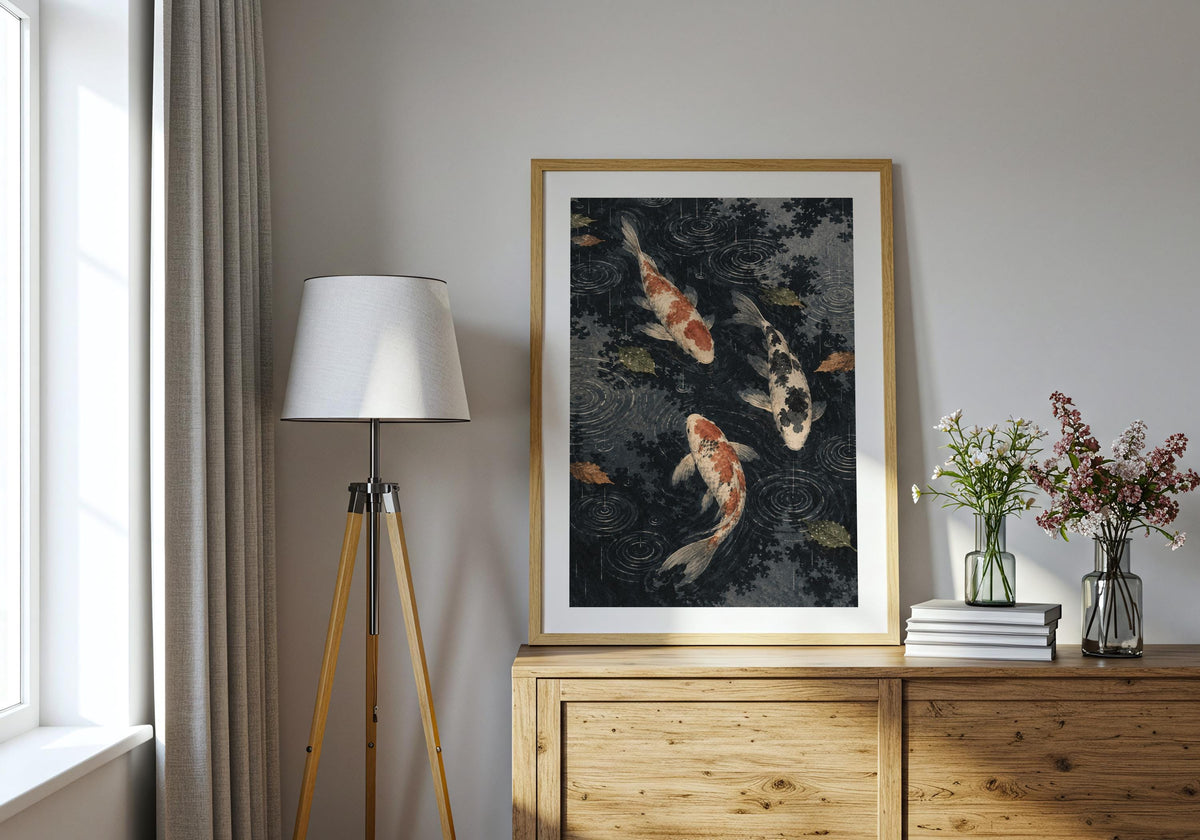 Console-room mock-up presents the overhead fish print against a calm wall.