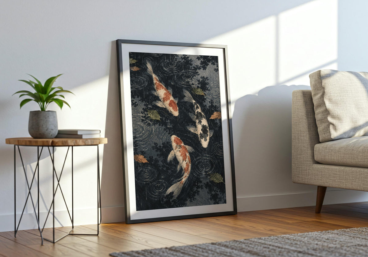 Wide living-room display shows the portrait fish print above a sofa.