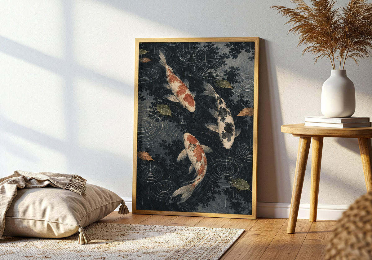 Living-room mock-up features the koi print as a deep-toned nature accent.