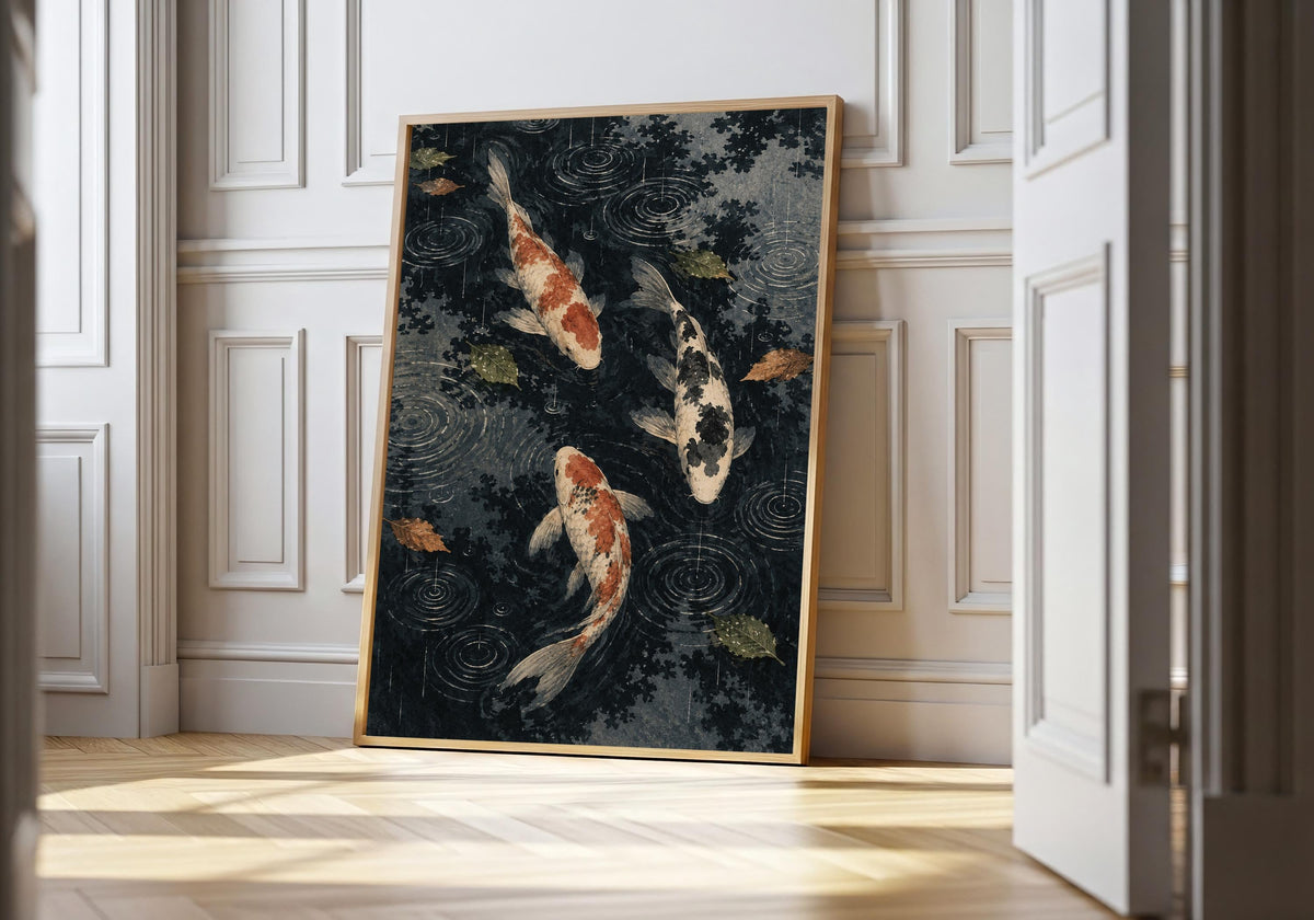 Three koi beneath rain rings in the dark-water artwork, shown in a light wood hero frame.
