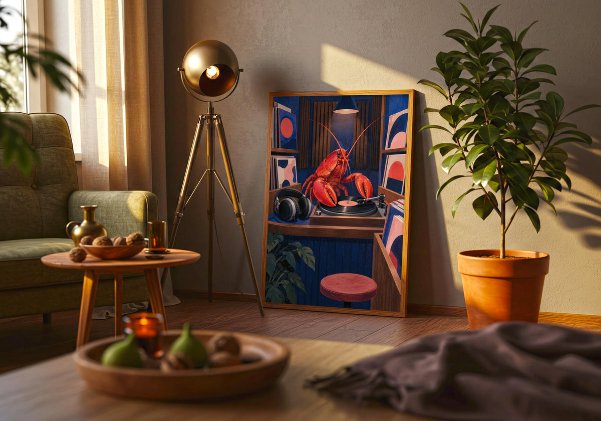 A dining nook features the record-shop artwork among warm furnishings.