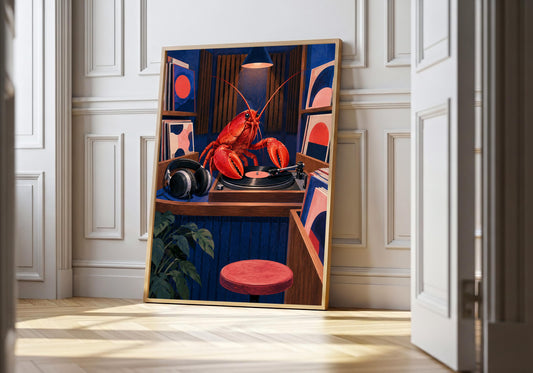 Red lobster behind a turntable in the hero mock-up, framed in pale wood.