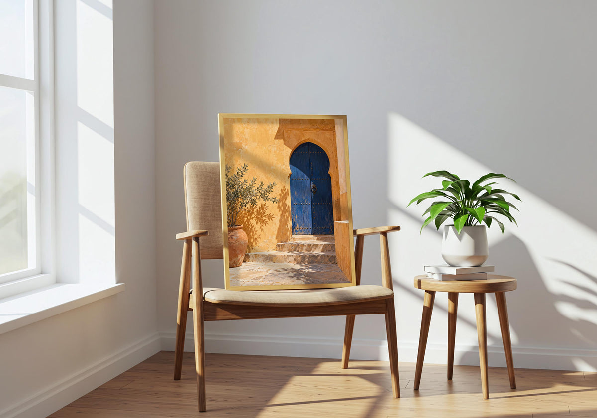 Chair-room mock-up features the bold blue door against warm interior accents.
