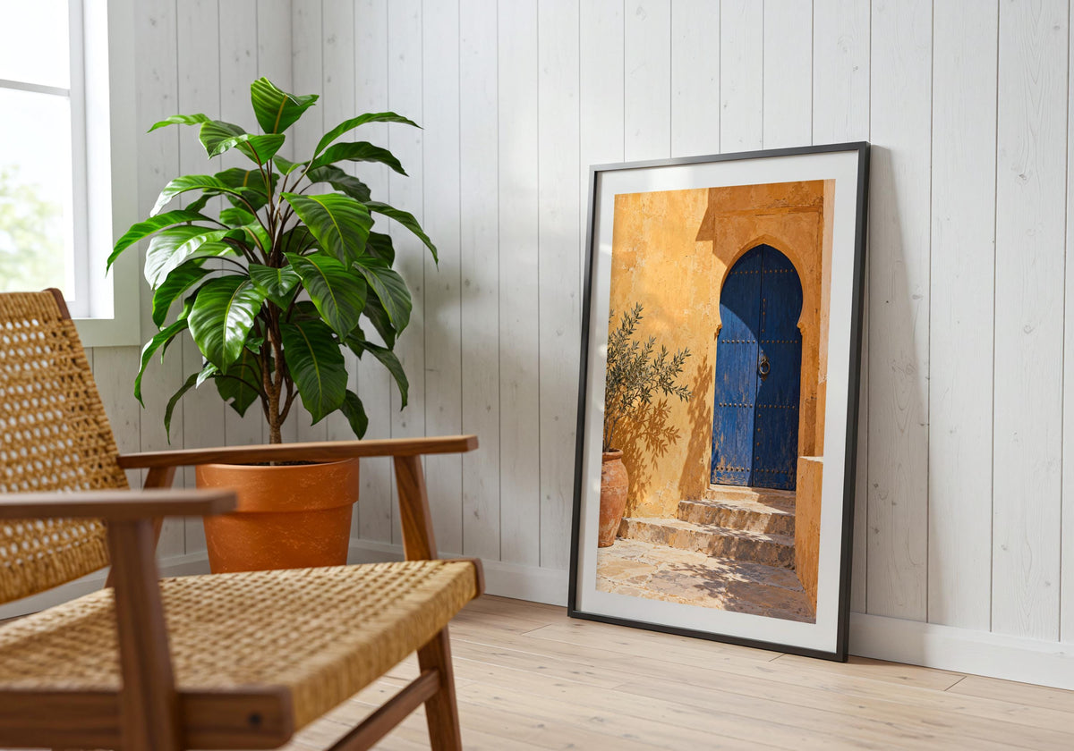 The Marrakesh-inspired doorway print is shown in a reading-corner arrangement.