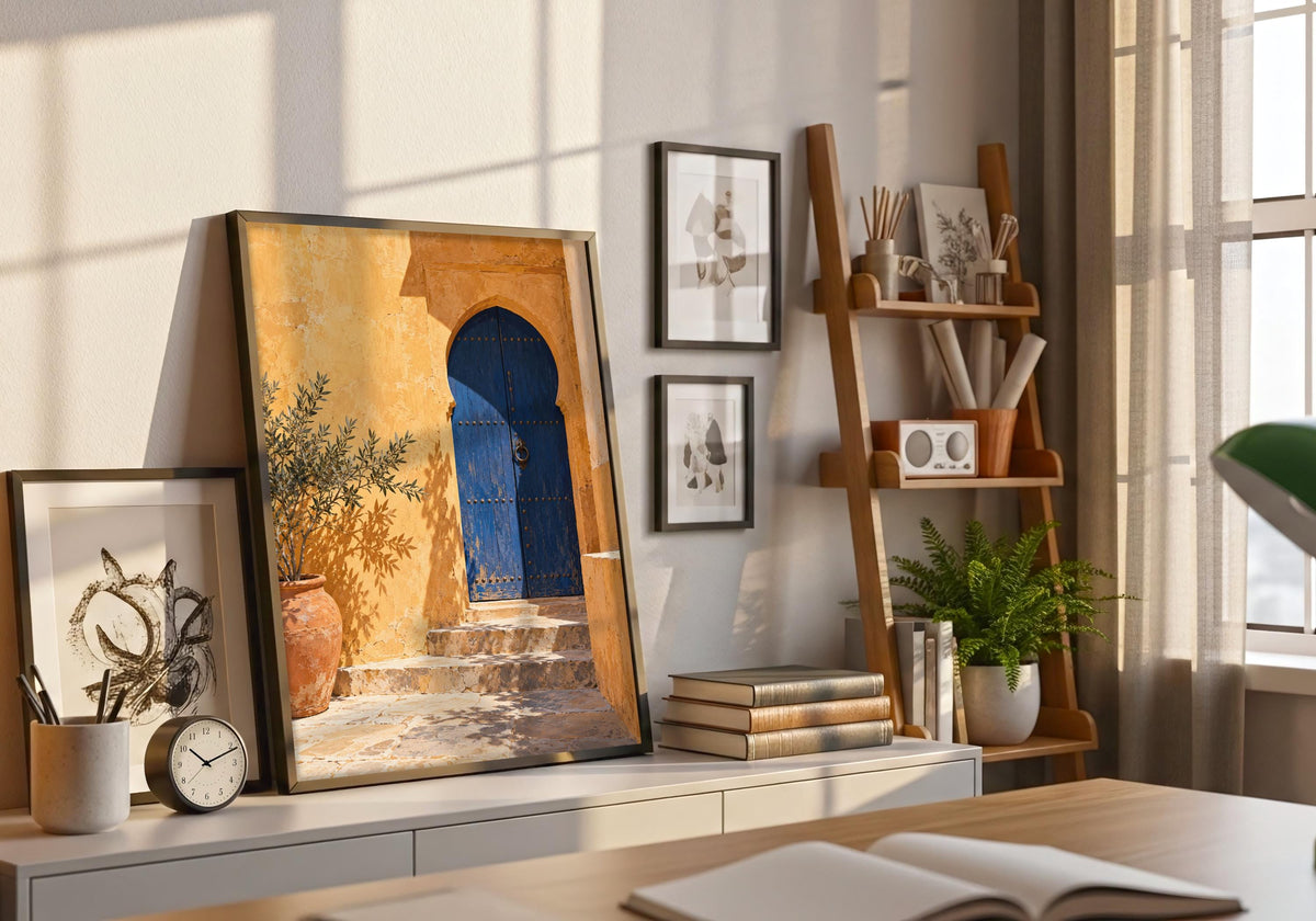 Natural wood surrounds the cobalt doorway print in this plant-filled scene.