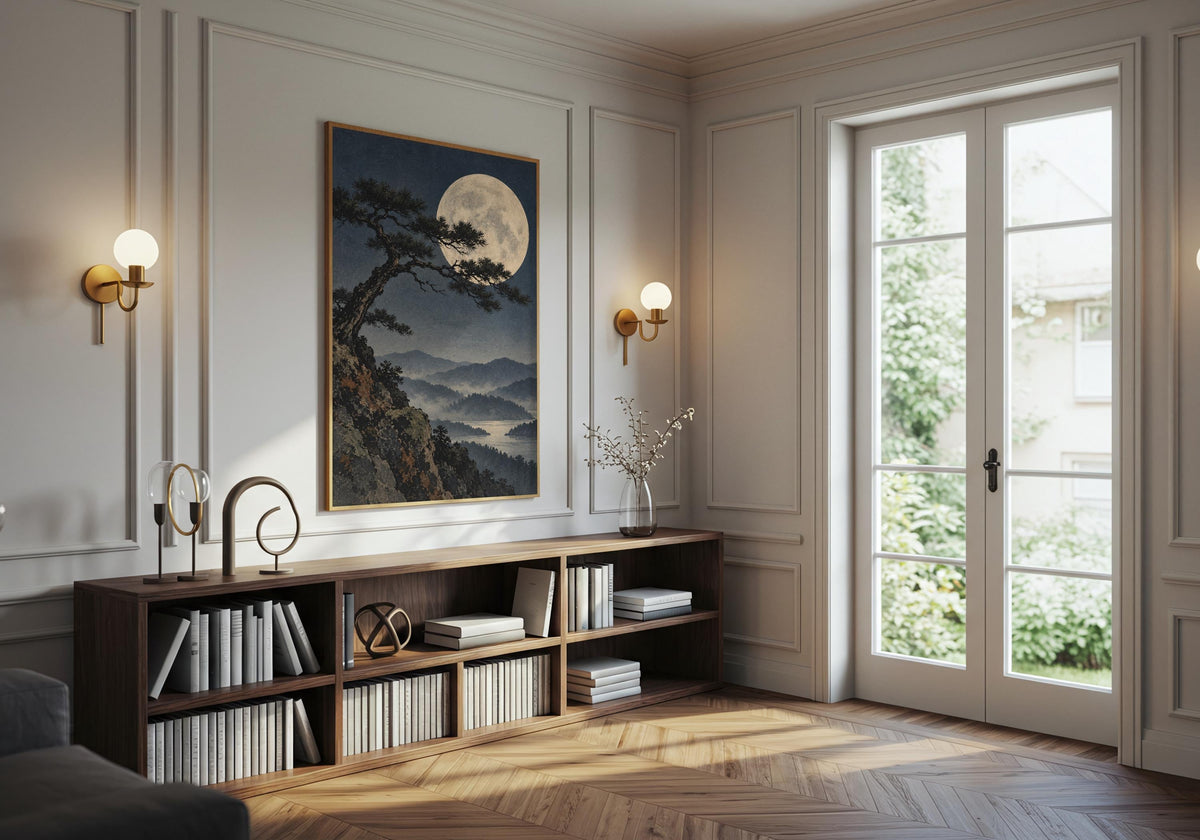 Leafy living room mock-up sets the dark pine artwork among soft furnishings.