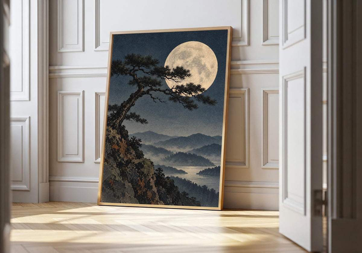 Full moon behind a black pine over a mountain lake, shown in the light-wood hero frame.