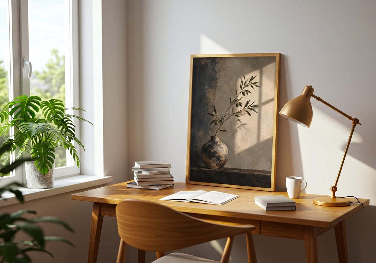 Sideboard styling echoes the artwork’s dark shelf and olive tones.