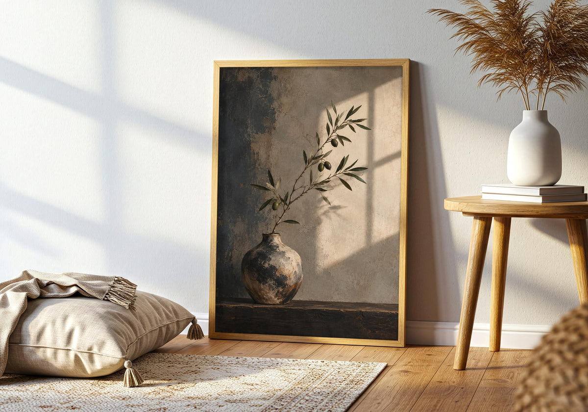 Living-room view features the branch silhouette against the textured wall in the art.